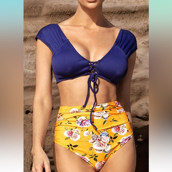 CUPSHE Women's Bikini Swimsuit Lace Up High Waisted Floral Blue Bikini Small - Picture 1 of 4
